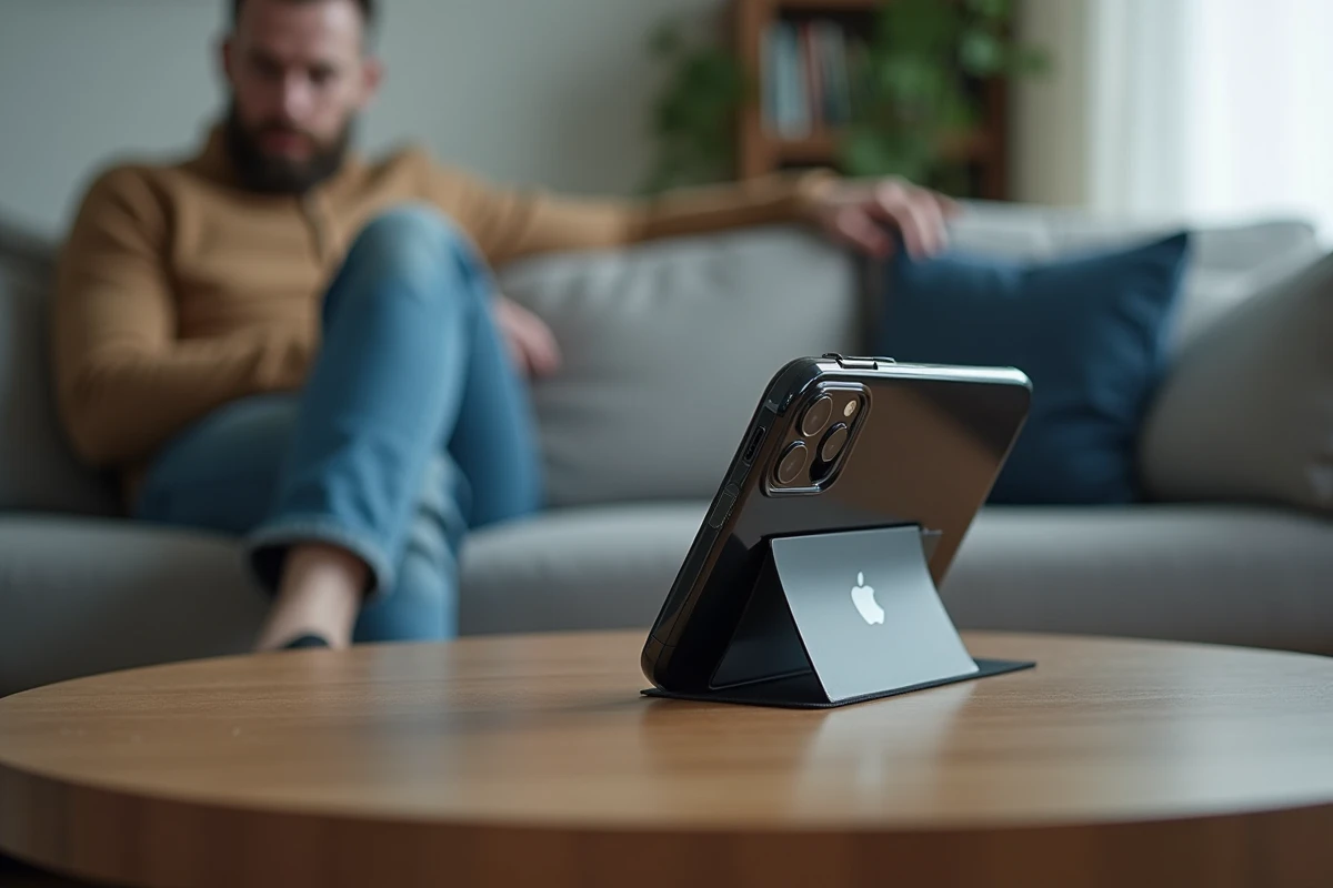 Homme utilisant un support de coque iPhone 14 Plus sur une table basse pour regarder une vidéo