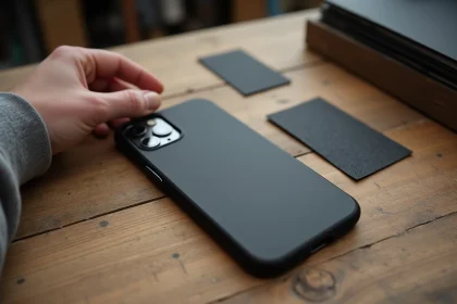 Coque iPhone 15 Pro en fibre d'aramide posée sur une table en chêne brut entourée de matériaux de protection comparatifs