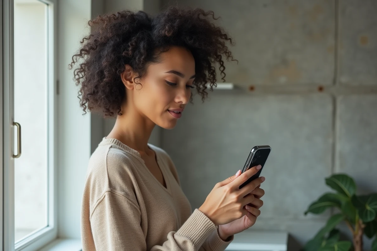Femme tenant un iPhone 15 Pro avec une coque en silicone transparente compatible MagSafe dans un appartement minimaliste