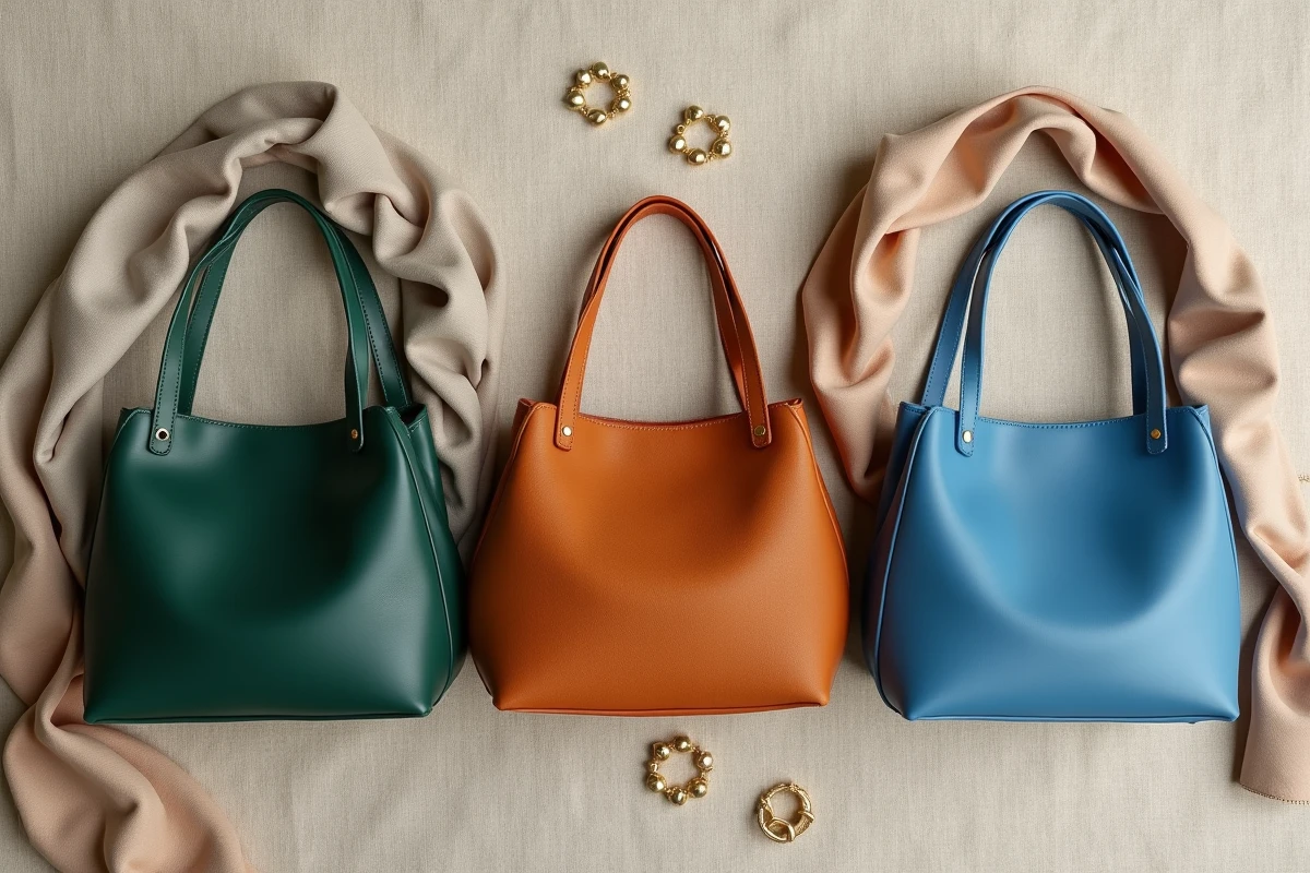 Plat posé de trois sacs à main tendance 2026 en vert forêt, terracotta et bleu cobalt sur fond de lin naturel