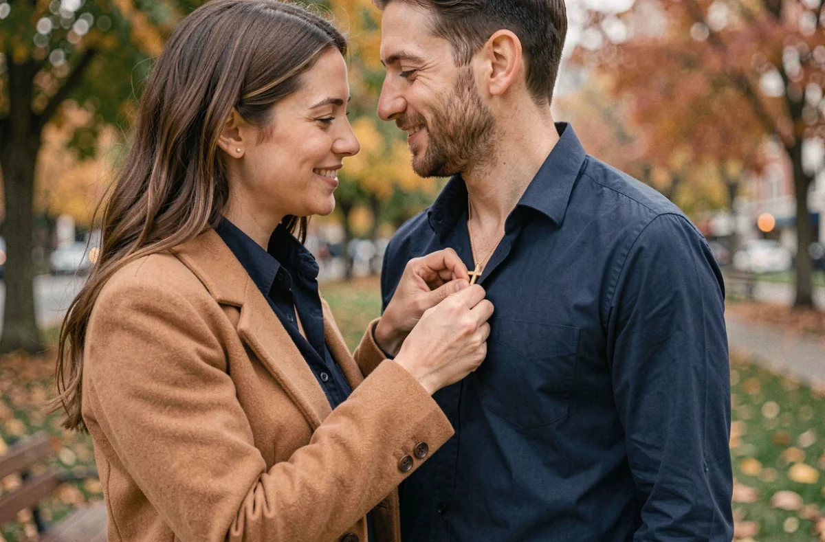 Couple complice en extérieur, femme accrochant un collier croix doré autour du cou de son partenaire, cadeau bijou homme romantique