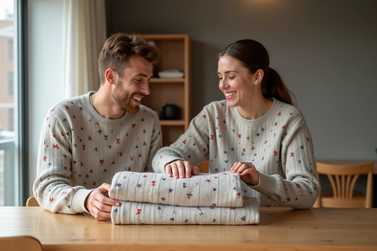 Couple pliant ensemble leurs pulls assortis imprimés propres sur une table en bois, entretien et conservation des vêtements couple