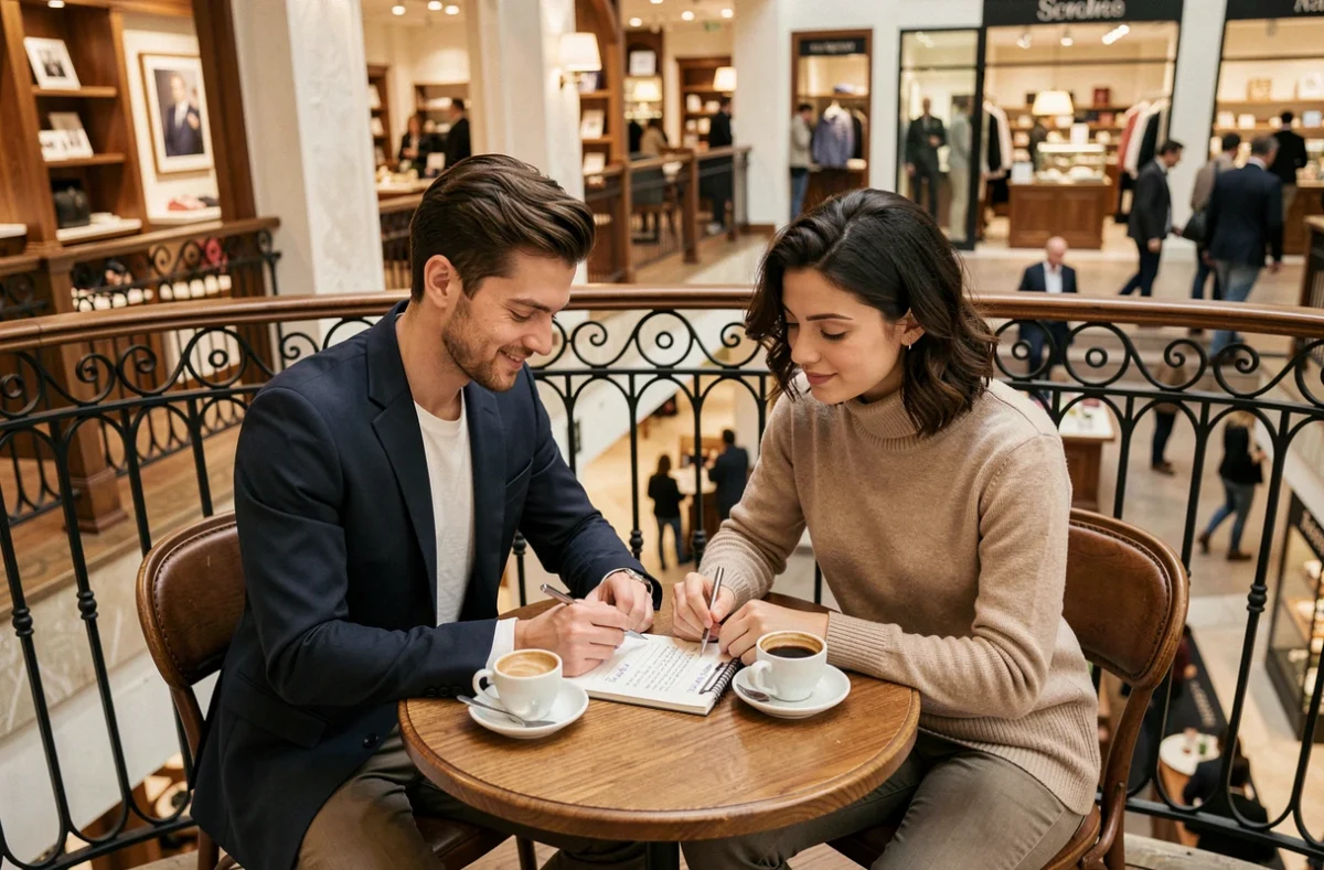 Couple planifiant leurs achats autour d'un café à l'intérieur d'un grand magasin parisien