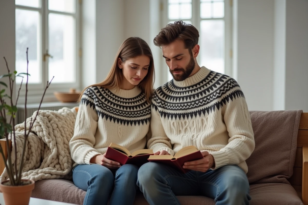 Couple en pulls en maille torsadée personnalisés assortis dans un salon scandinave cosy