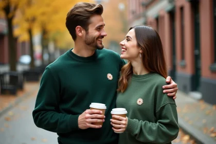 Couple assorti portant des pulls personnalisés coordonnés en vert dans une rue pavée en automne