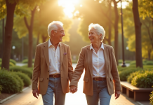 Couple senior souriant dans un parc ensoleille