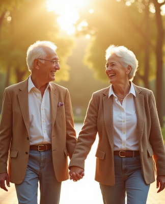 Couple senior souriant dans un parc ensoleille