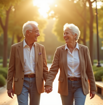 Couple senior souriant dans un parc ensoleille