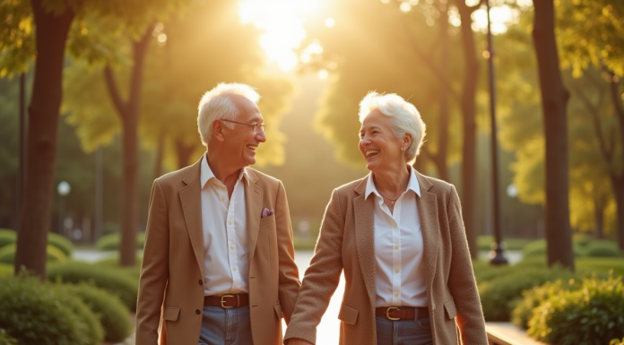 Couple senior souriant dans un parc ensoleille