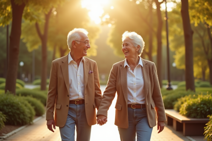 couple-senior-rire-parc Couple senior souriant dans un parc ensoleille