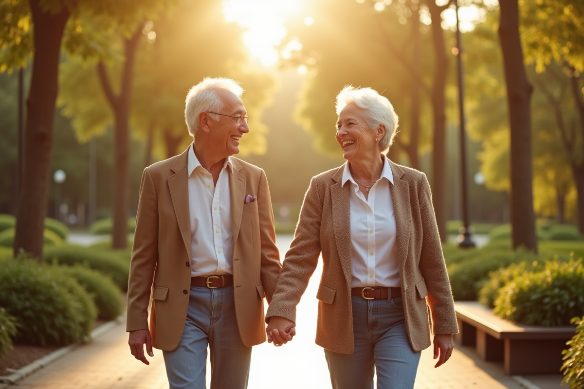 Couple senior souriant dans un parc ensoleille