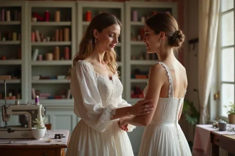 Couturière ajustant une robe sur une jeune femme dans un atelier en Provence