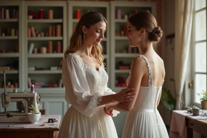 Couturi&egrave;re ajustant une robe sur une jeune femme dans un atelier en Provence