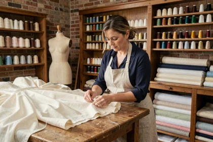 Couturière expérimentée retouchant une robe de mariée dans un atelier artisanal parisien