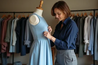 Femme couturière à Toulouse ajustant une robe sur mannequin