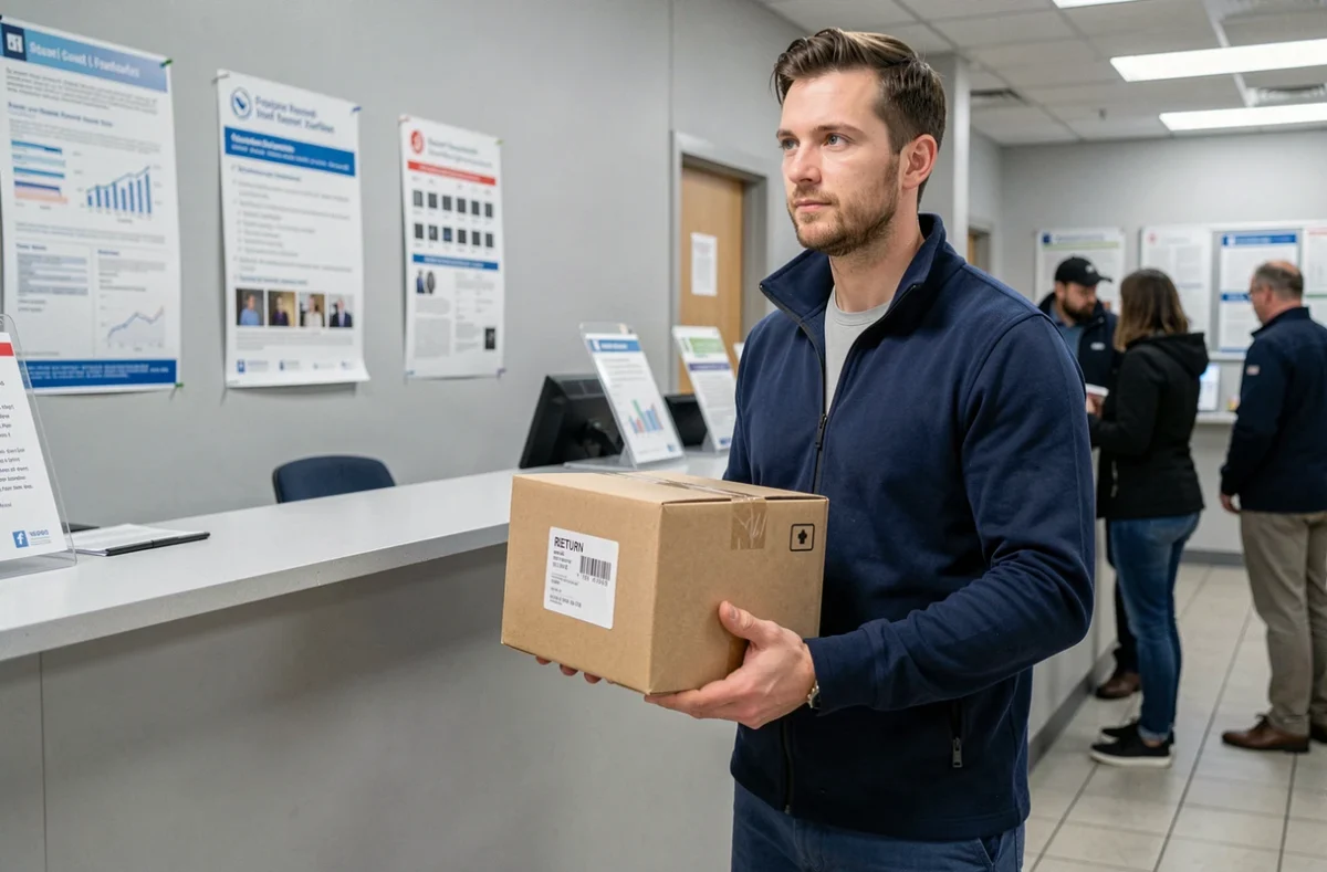 Homme déposant un colis retour Shein dans un bureau de poste après une livraison du dimanche