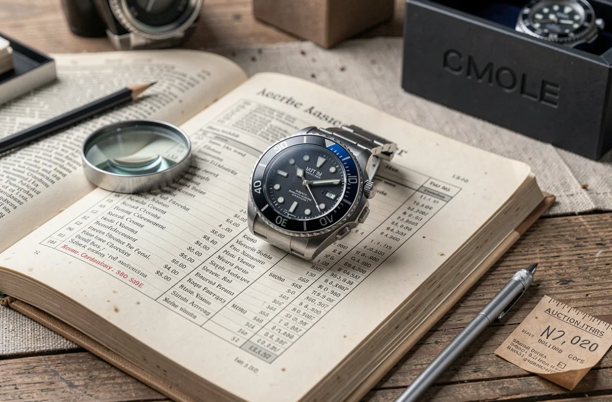 Gros plan macro d'une GMT Bruce Wayne acier noir et bleu posée sur un guide de prix horlogerie avec loupe et outils de collectionneur