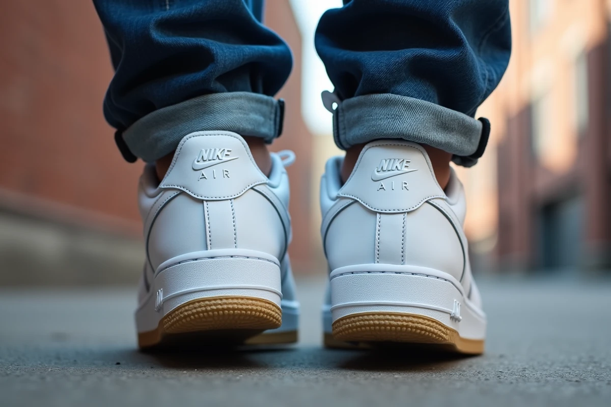 Gros plan sur le talon et la semelle de deux Nike Air Force 1, comparaison entre original et faux dans un contexte urbain