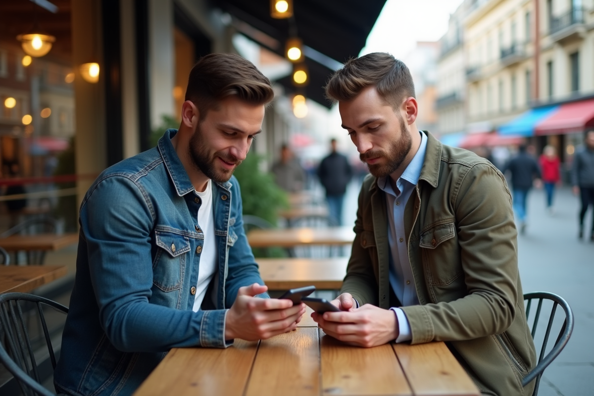 Deux hommes discutant avec smartphones en extérieur en ville