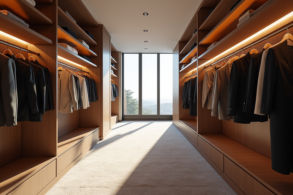 Grand dressing avec rangées de vêtements divers et lumineux