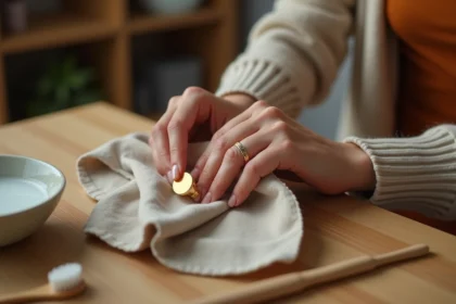 Femme polissant une bague chevalière dorée avec un chiffon microfibre sur une table en bois, geste d'entretien minutieux