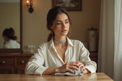 Femme entretenant son collier choker en argent avec un chiffon doux sur une coiffeuse en bois
