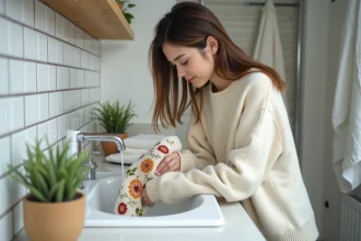 Femme qui lave à la main un pull couple brodé dans un évier en céramique blanche, entretien délicat du textile