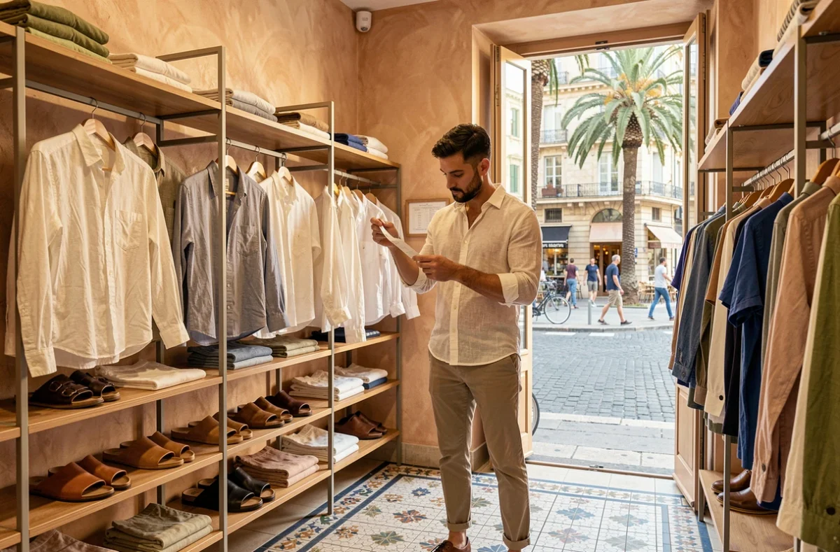 Boutique Équateur au centre de Marseille avec une collection de mode homme méditerranéenne en lin et coton dans un cadre aux carreaux de mosaïque