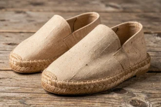 Paire d'espadrilles en toile naturelle et semelle de jute tressée posée sur une surface en bois vieilli, mettant en valeur la qualité artisanale et la durabilité des matériaux