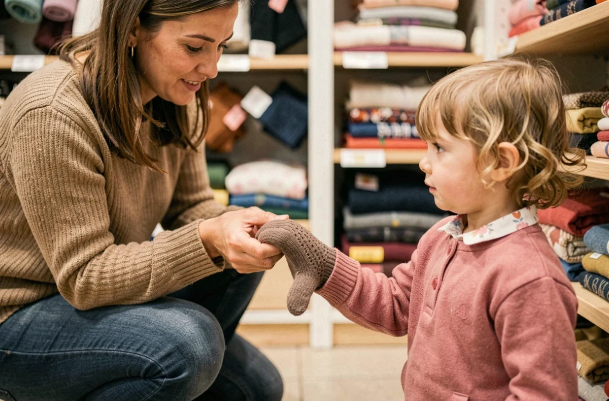Parent essayant un gant d'hiver sur la main d'un enfant dans un magasin pour vérifier la taille adaptée