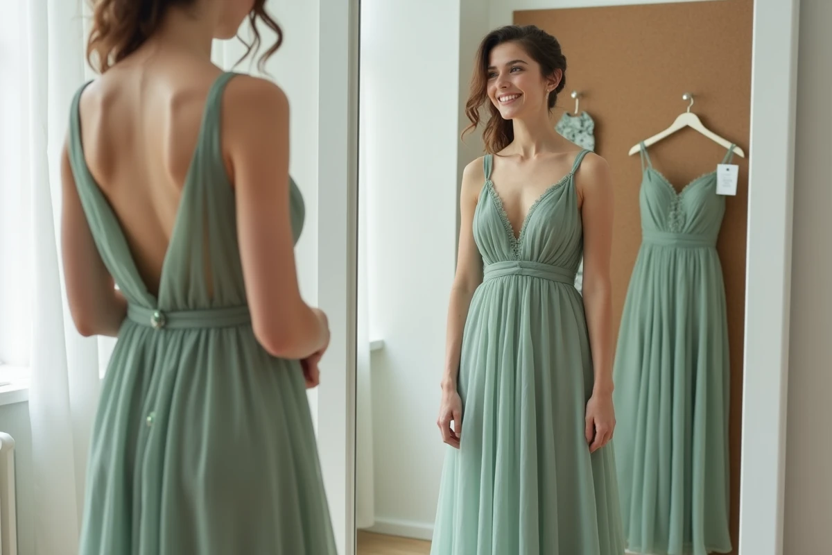 Jeune femme essayant une robe de demoiselle d'honneur verte abordable dans une boutique de mariage