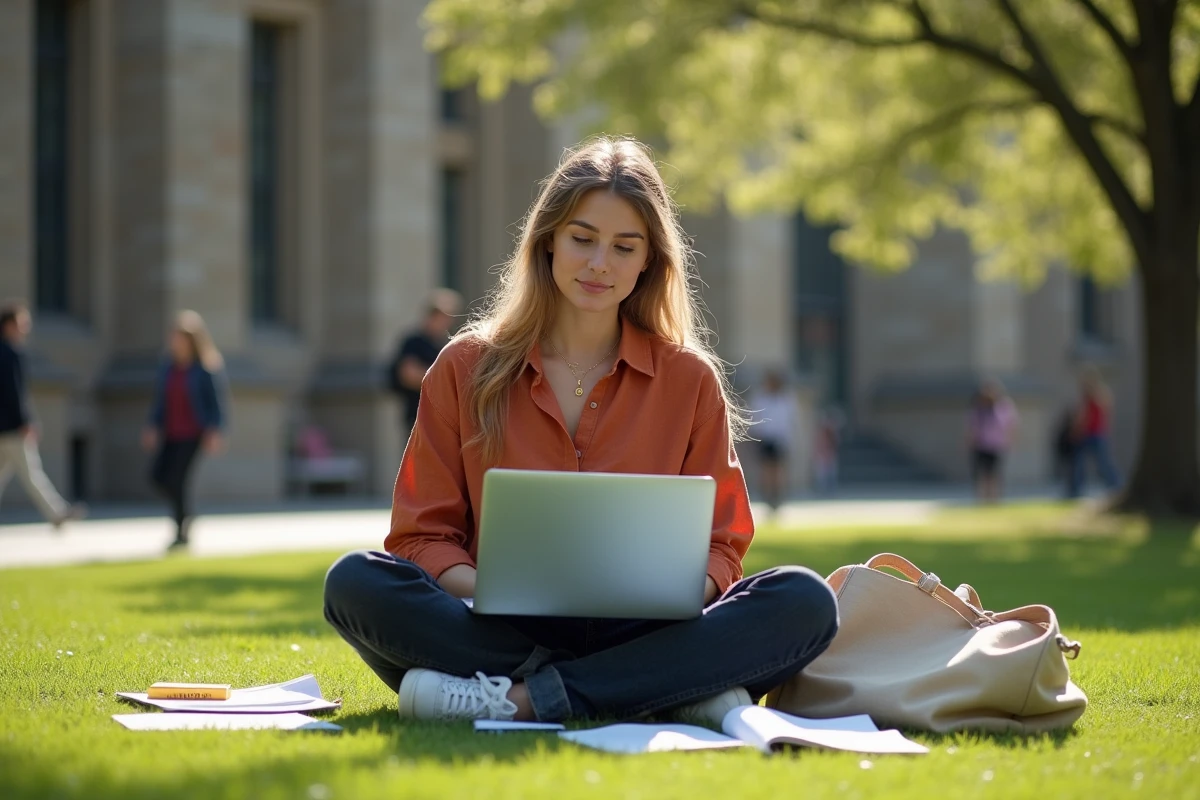 Étudiante assise sur le campus en tenue stylée Thehalara terracotta et jean, look abordable et tendance