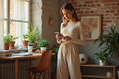 Étudiante en tenue abordable Thehalara dans un appartement étudiant cosy, look casual beige et blanc