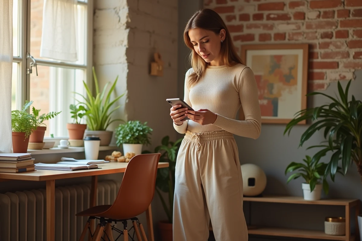 Étudiante en tenue abordable Thehalara dans un appartement étudiant cosy, look casual beige et blanc