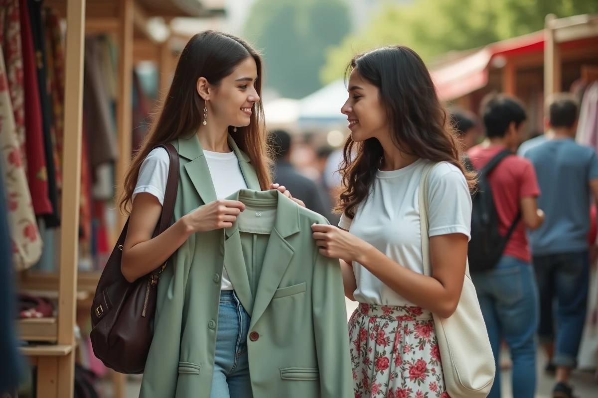 Deux étudiantes comparant des vêtements abordables sur un marché en plein air, style Thehalara petit budget
