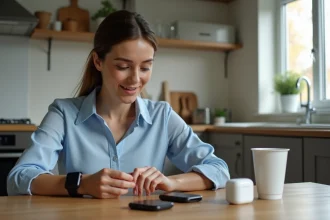 Femme professionnelle examine accessoires &eacute;lectroniques modernes