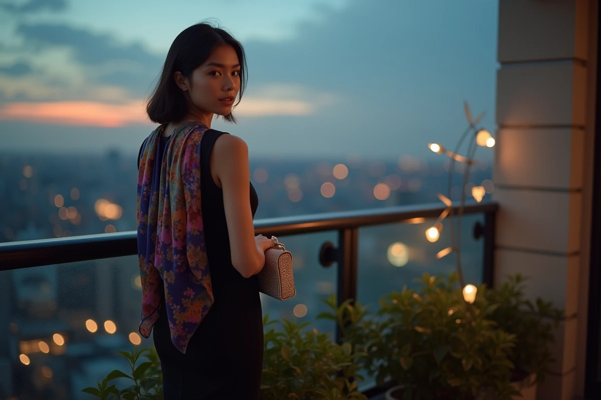 Jeune femme sur un balcon au crépuscule avec foulard coloré