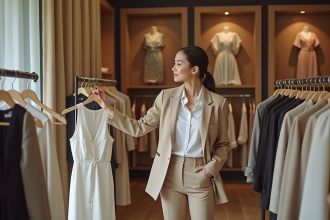 Femme élégante dans une boutique mode en beige et blanc
