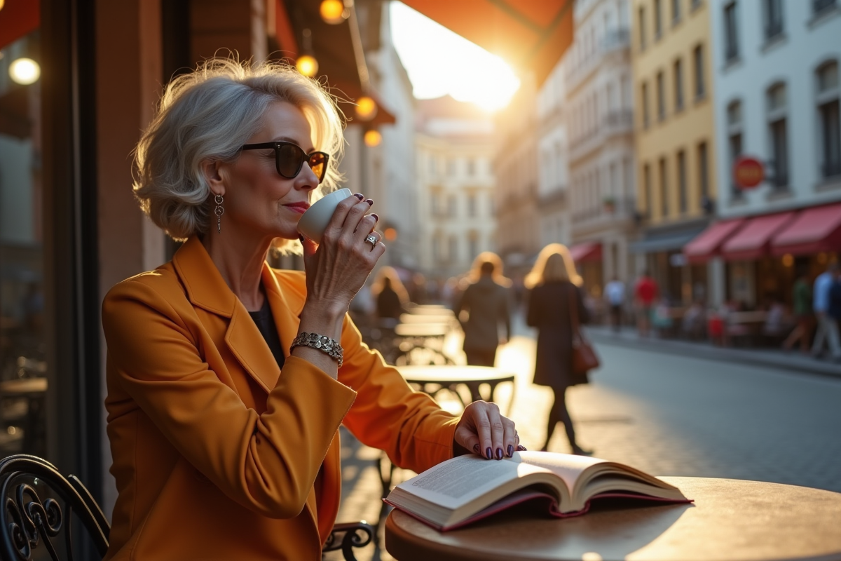 Femme élégante buvant un café en terrasse urbaine