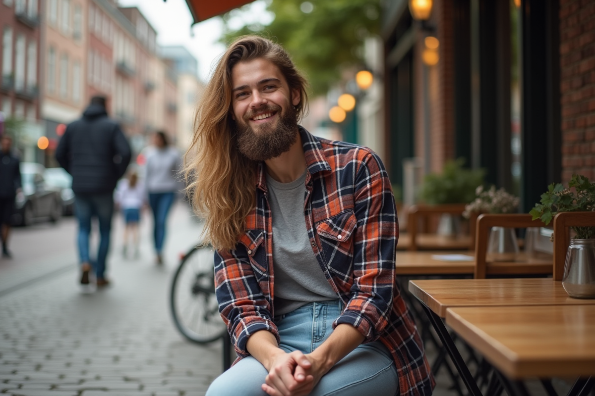 Femme avec barbe stylée assise en terrasse de café