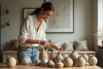 Femme créative arrangeant des vases en céramique dans un salon lumineux