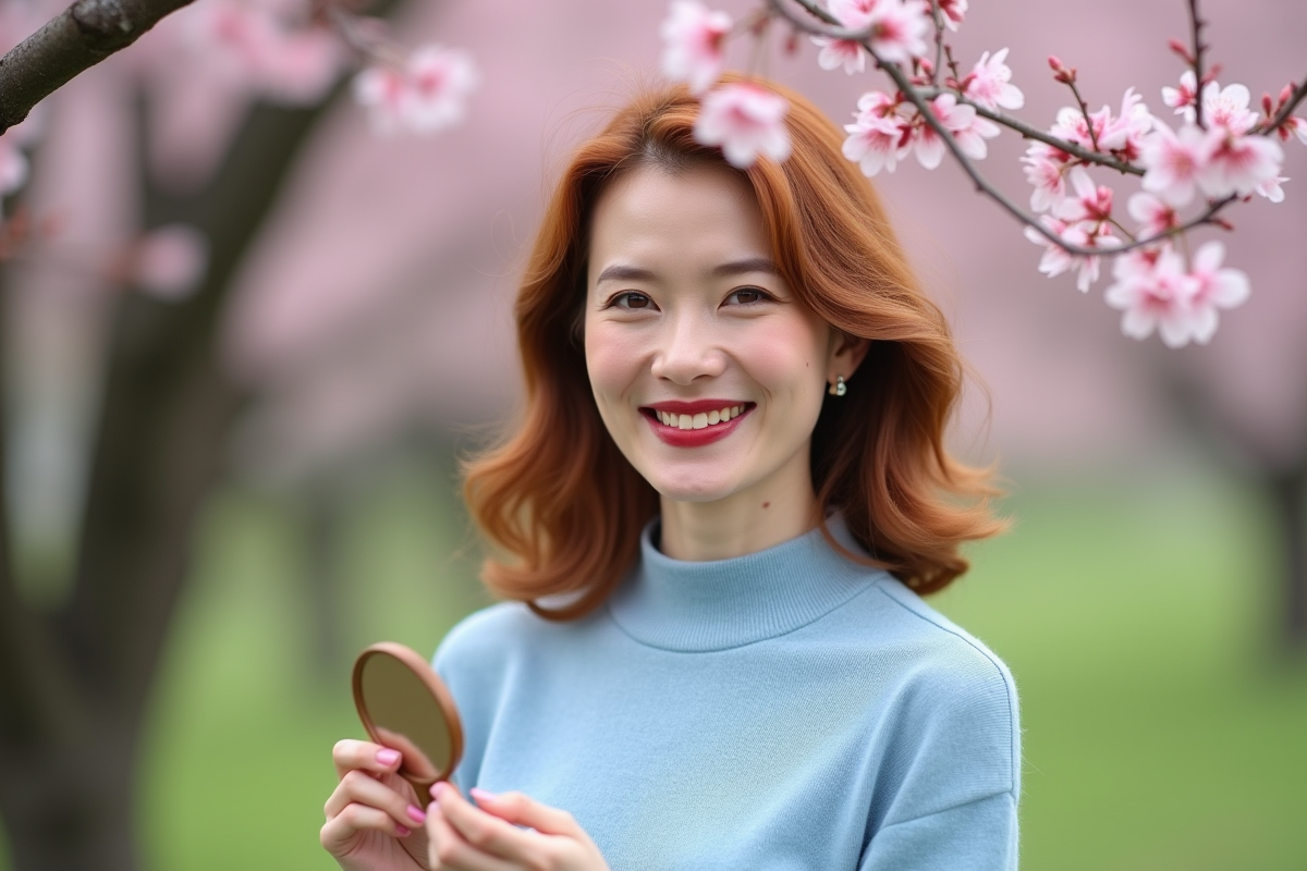 Femme souriante avec rouge à lèvres dans un parc en fleurs