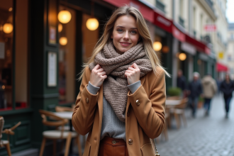 Femme élégante en hiver à Paris avec manteau et écharpe