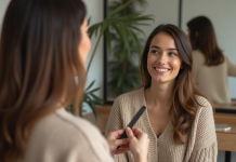 Trouver la coupe de cheveux parfaite : conseils et astuces pour choisir le bon style Femme souriante dans un salon de coiffure moderne