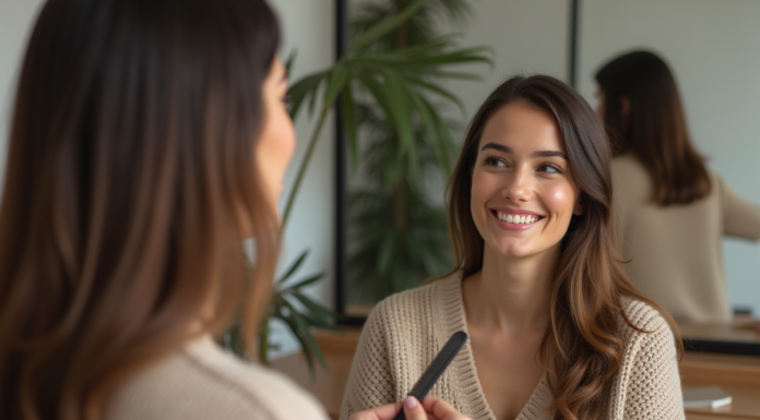 Femme souriante dans un salon de coiffure moderne