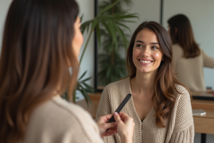 Femme souriante dans un salon de coiffure moderne