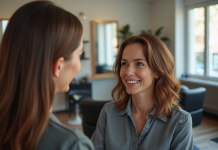 Femme souriante discutant coiffure avec coiffeuse dans salon lumineux