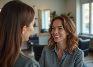 Coupe de cheveux adaptée : astuces pour la trouver facilement ! Femme souriante discutant coiffure avec coiffeuse dans salon lumineux
