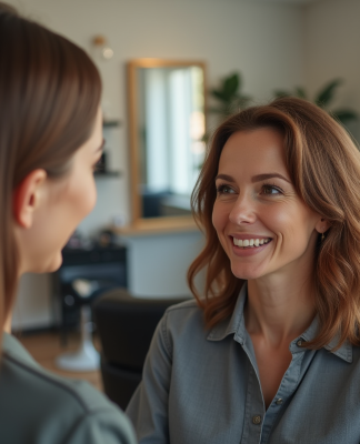 Femme souriante discutant coiffure avec coiffeuse dans salon lumineux