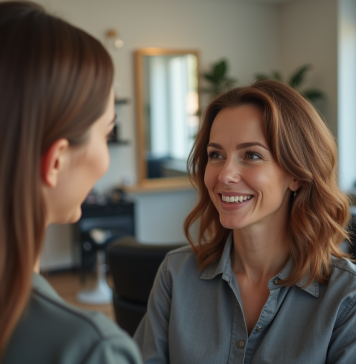 Femme souriante discutant coiffure avec coiffeuse dans salon lumineux